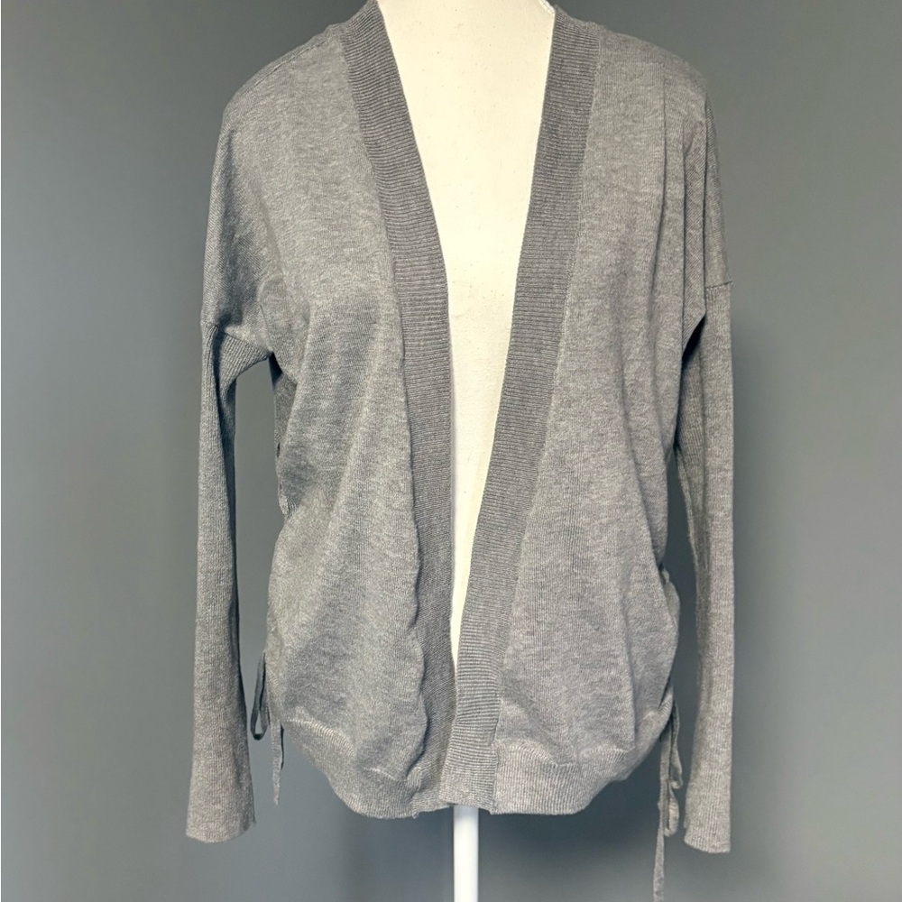 Poof! Women's Heather Gray Cardigan Sweater Open Front, Woven Sides. Size-M. NWT